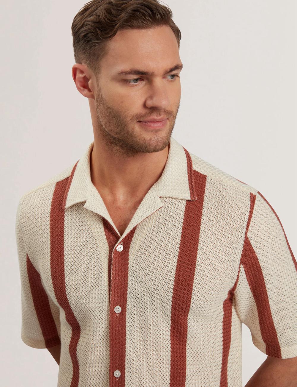 Ted Baker NIKS - Short Sleeve Stripe Crochet Oversized Overhemd Heren Taupe | Belgium  563018-XJR