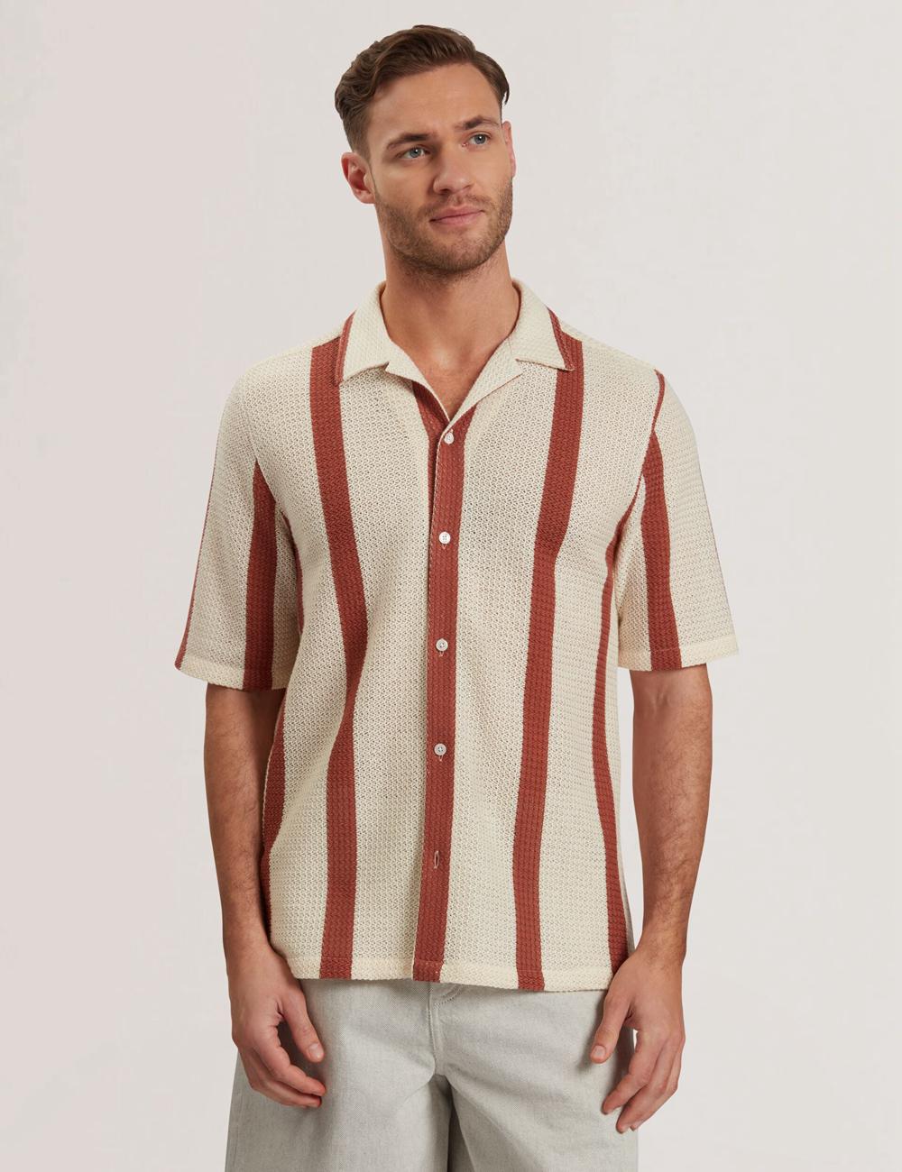 Ted Baker NIKS - Short Sleeve Stripe Crochet Oversized Overhemd Heren Taupe | Belgium  563018-XJR
