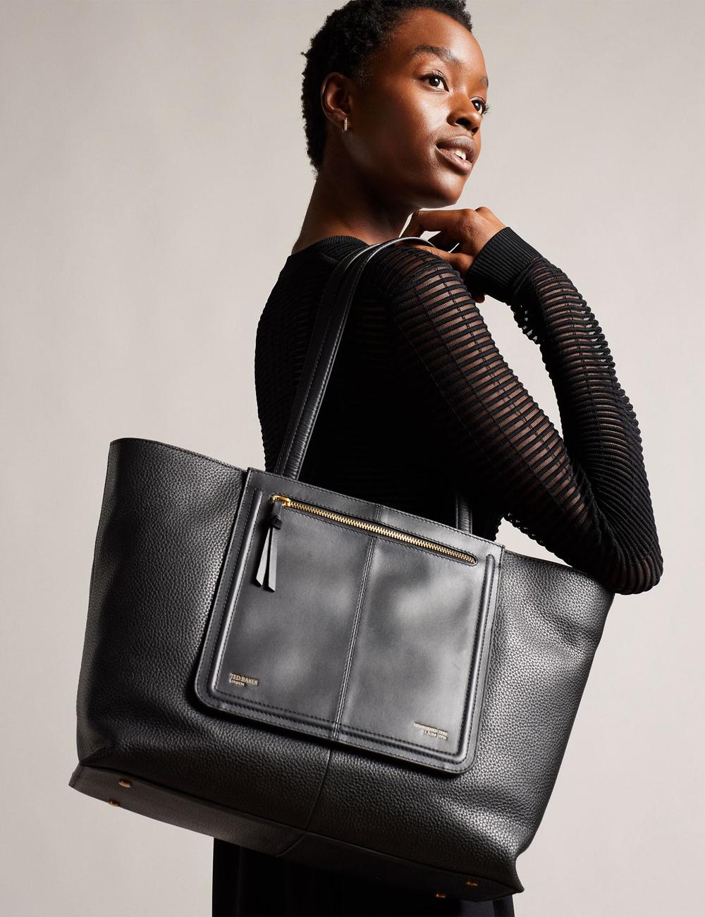 Ted Baker NISH - Wide Leather Shopper With Zip Pocket Shopper Tas Dames Zwart | Belgium  495827-IXC