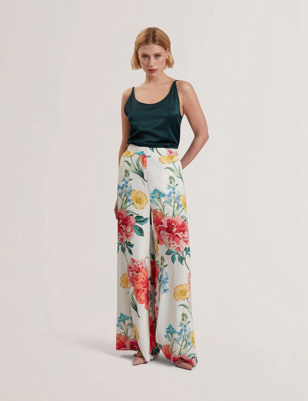 Ted Baker NYMPHAT - Floral Print High Waisted Wide Leg Broek Dames Wit | Belgium  852316-WIU