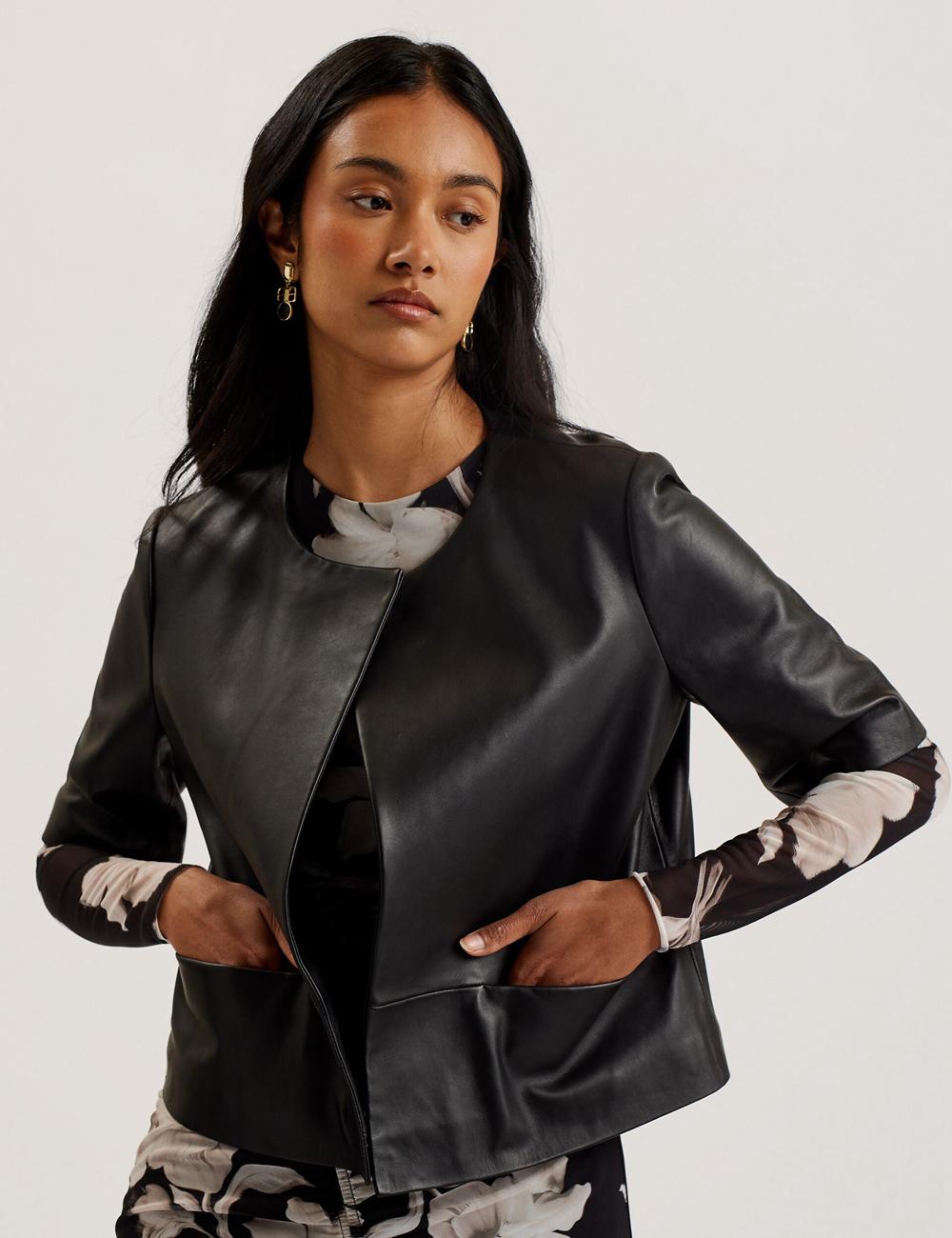 Ted Baker OBINO - Cropped Sleeve Open Leather Jassen Dames Zwart | Belgium  629501-SOZ