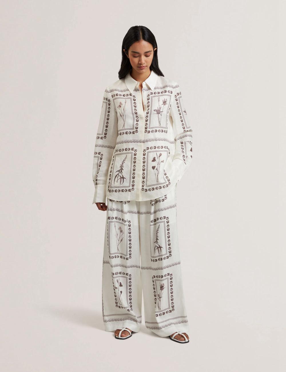 Ted Baker ORNITHA - Panel Print Silk Linen Wide Leg Broek Dames Ivory | Belgium  403791-ULX