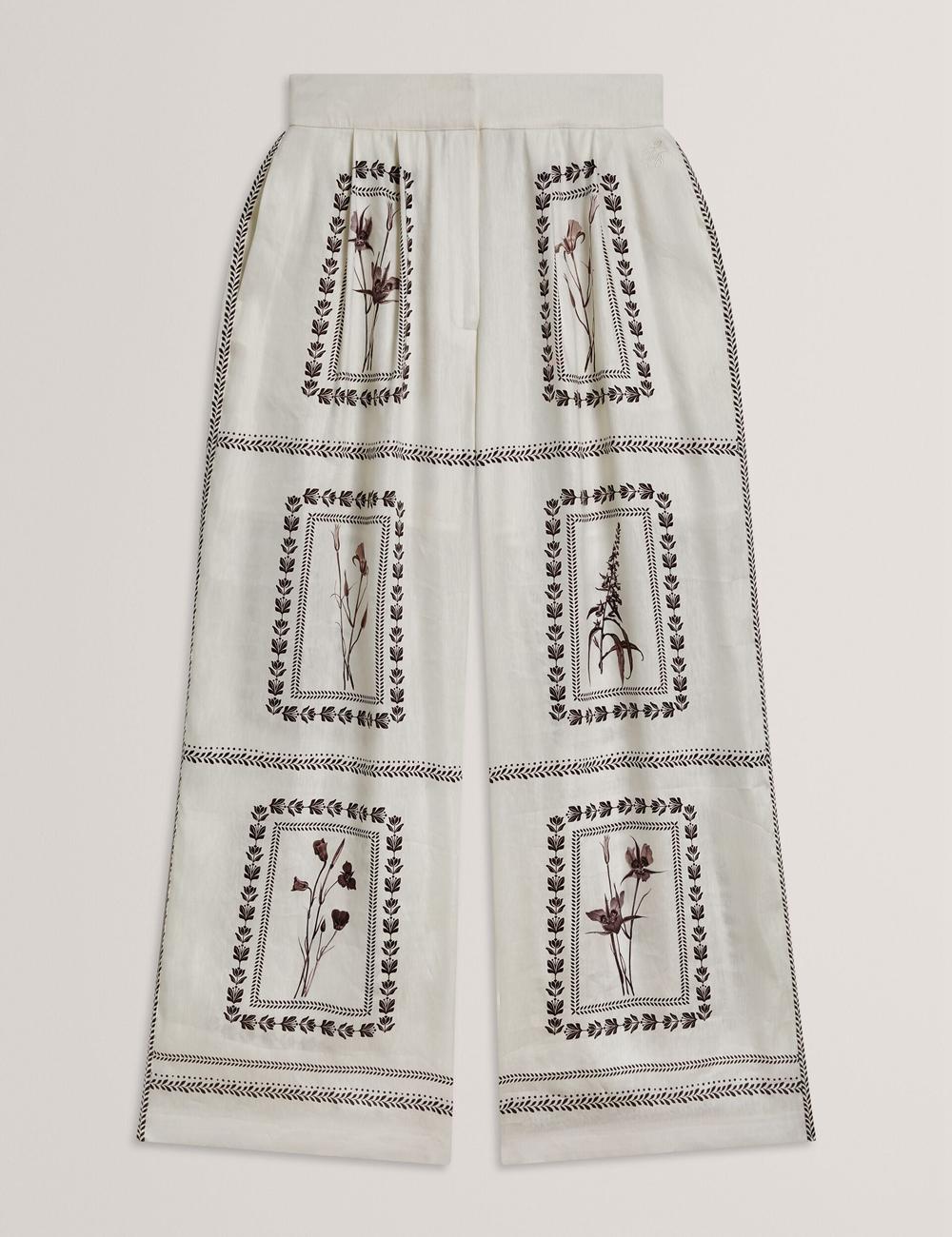 Ted Baker ORNITHA - Panel Print Silk Linen Wide Leg Broek Dames Ivory | Belgium  403791-ULX