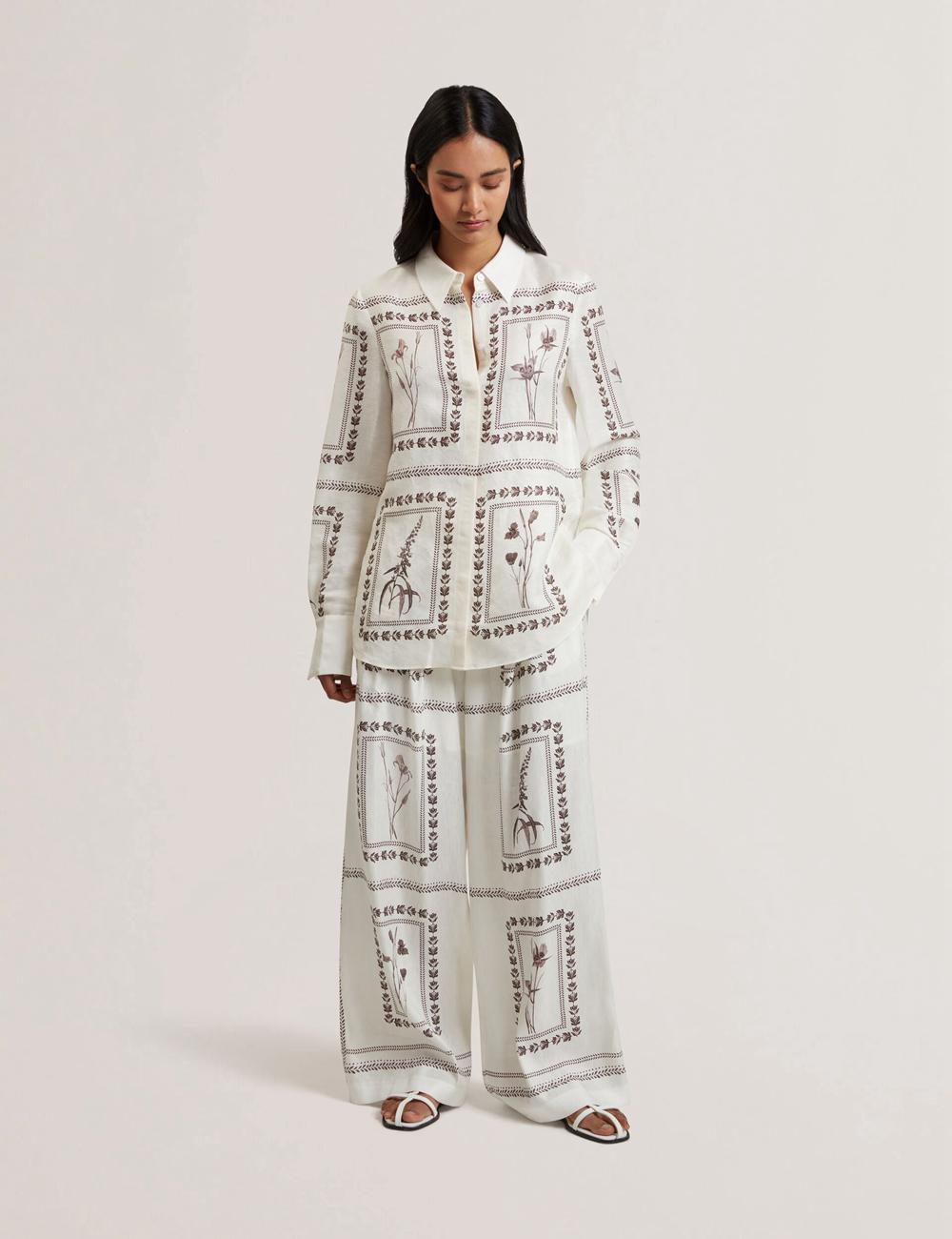 Ted Baker ORNITHA - Panel Print Silk Linen Wide Leg Broek Dames Ivory | Belgium  403791-ULX