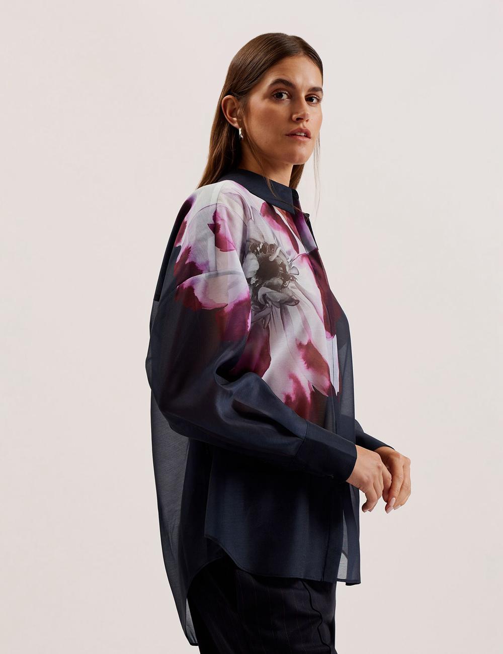 Ted Baker ORRIN - Floral Sheer Organza Oversized Overhemd Dames Donkerblauw | Belgium  032194-XJR