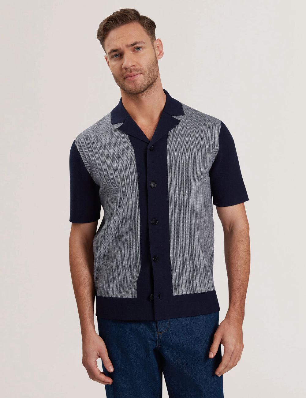 Ted Baker PADRIG - Herringbone Knit Colour Block Short Sleeve Overhemd Heren Donkerblauw | Belgium  438965-FWX