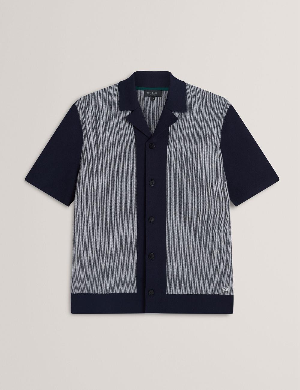 Ted Baker PADRIG - Herringbone Knit Colour Block Short Sleeve Overhemd Heren Donkerblauw | Belgium  438965-FWX