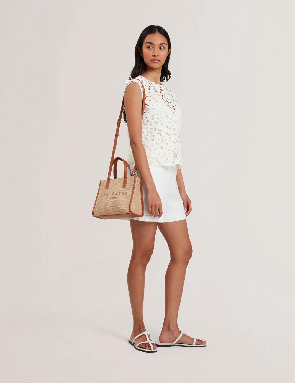 Ted Baker PAOLINA - Faux Raffia PU Trim Small Tote Tassen Dames Camel | Belgium  412673-EVS