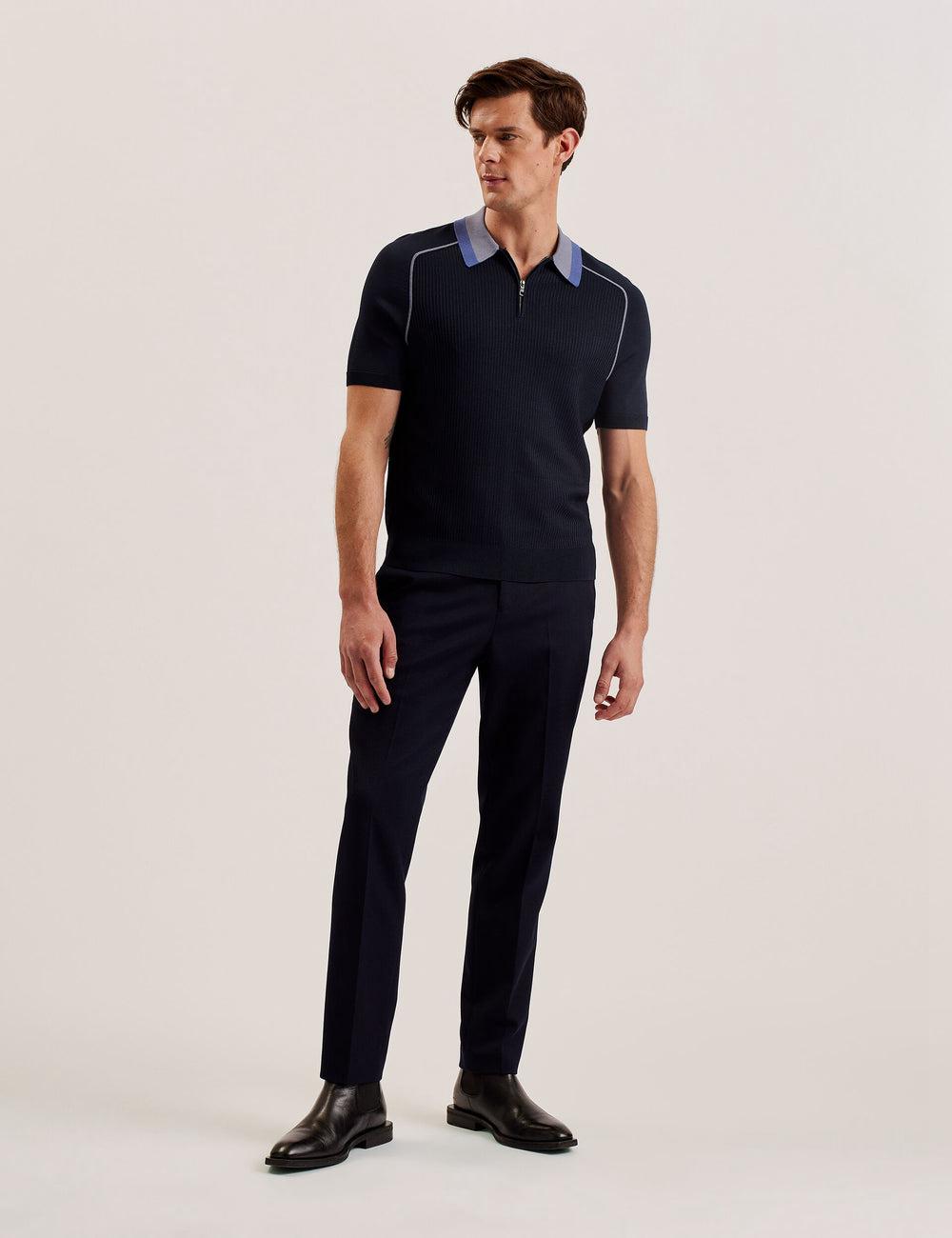 Ted Baker PAXTO - Textured Zip With Striped Collar Poloshirt Heren Donkerblauw | Belgium  862791-HND