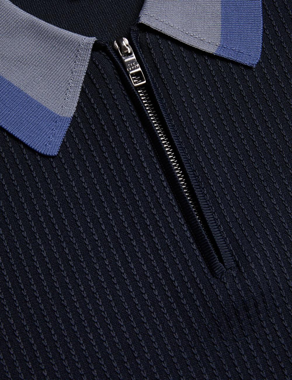 Ted Baker PAXTO - Textured Zip With Striped Collar Poloshirt Heren Donkerblauw | Belgium  862791-HND