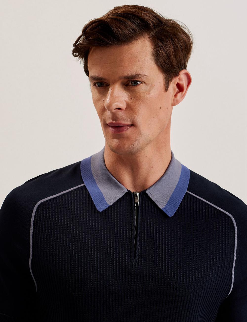 Ted Baker PAXTO - Textured Zip With Striped Collar Poloshirt Heren Donkerblauw | Belgium  862791-HND
