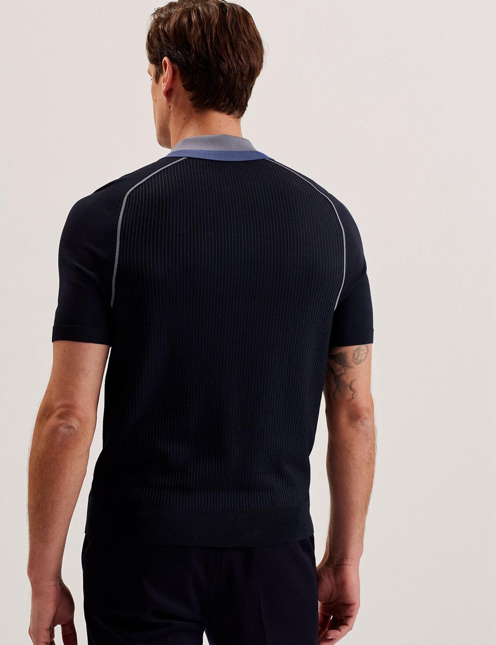 Ted Baker PAXTO - Textured Zip With Striped Collar Poloshirt Heren Donkerblauw | Belgium  862791-HND