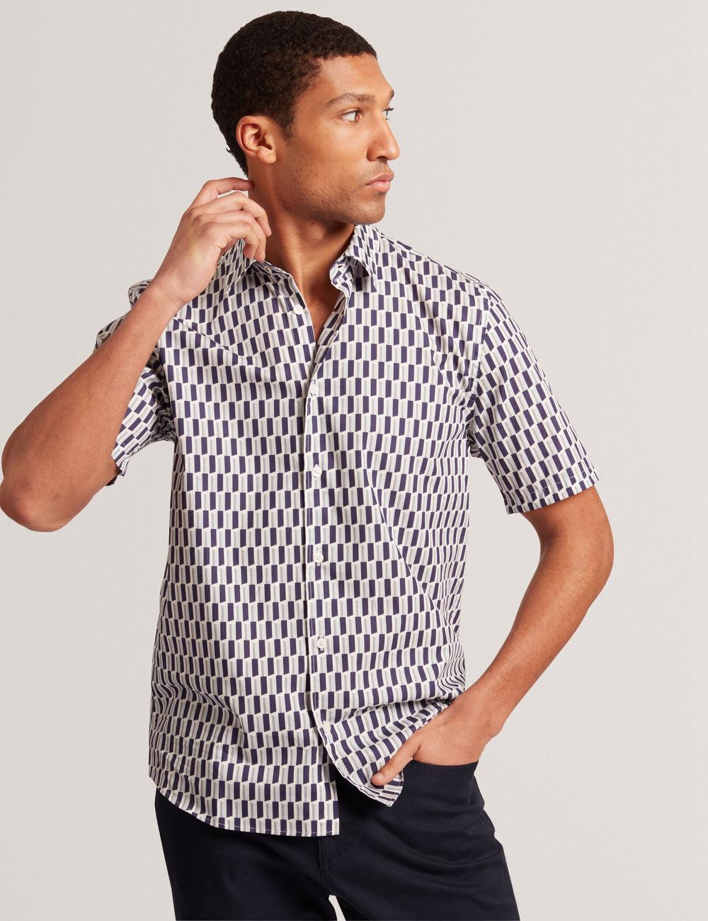 Ted Baker PEARSOS - Geo Print Short Sleeve Cotton Overhemd Heren Donkerblauw | Belgium  218497-SBY