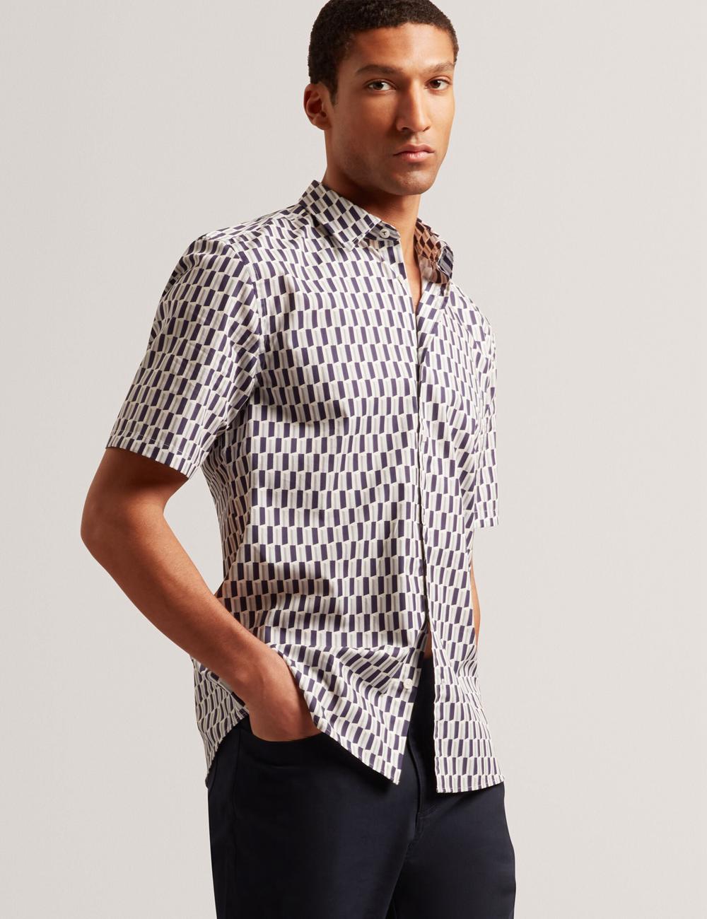 Ted Baker PEARSOS - Geo Print Short Sleeve Cotton Overhemd Heren Donkerblauw | Belgium  218497-SBY
