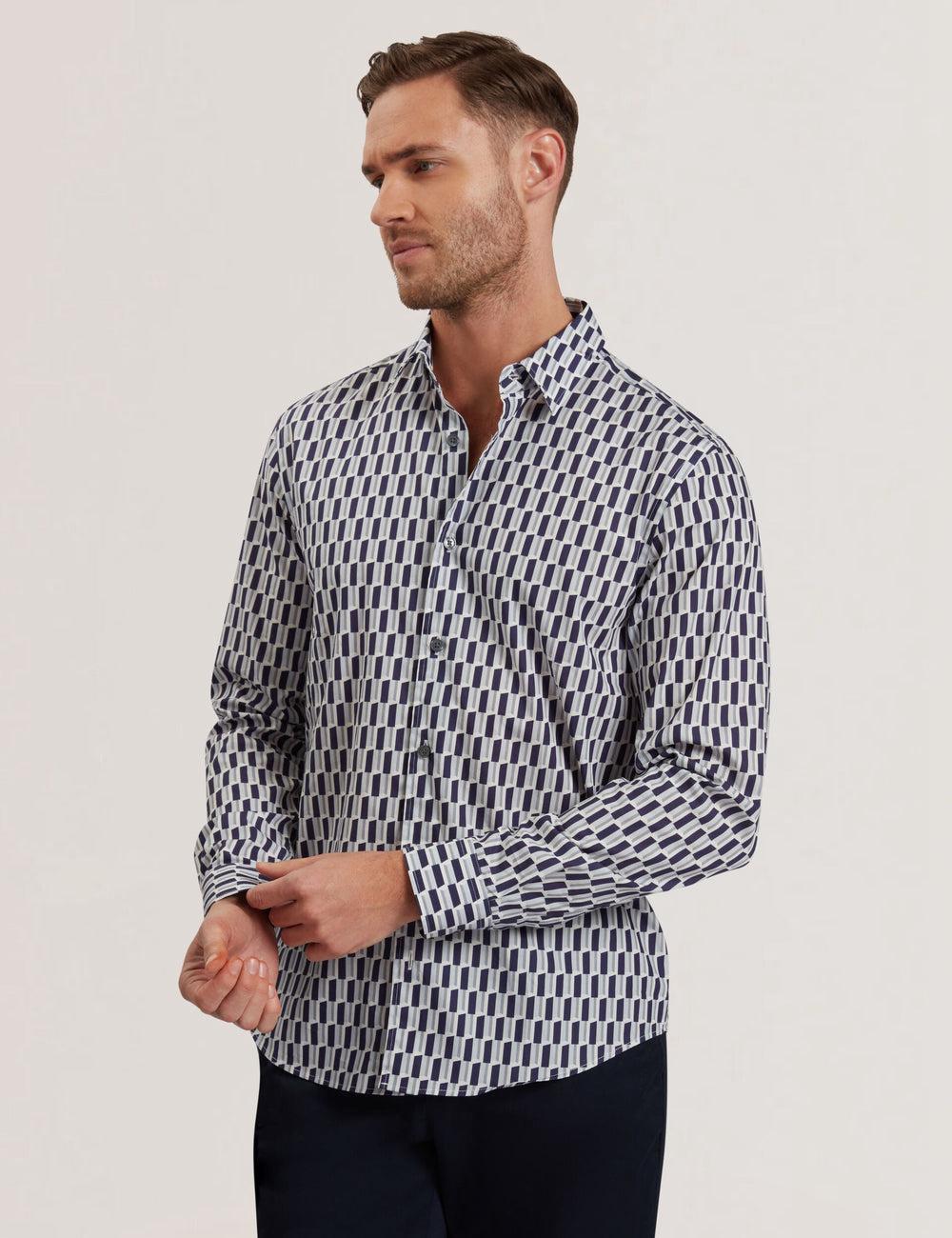 Ted Baker PEARSO - Geometric Stripe Long Sleeve Cotton Overhemd Heren Donkerblauw | Belgium  348051-IUV