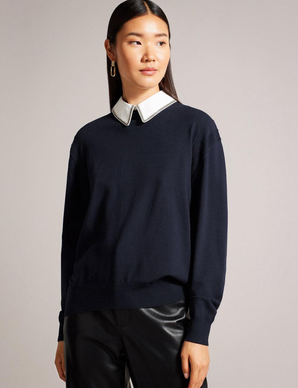 Ted Baker PENNII - Mockable With Embellished Shirt Collar Jumpers Dames Donkerblauw | Belgium  617089-RQH