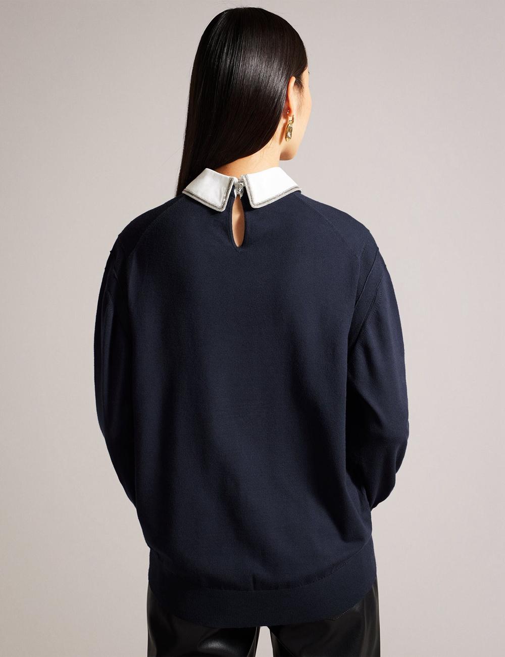 Ted Baker PENNII - Mockable With Embellished Shirt Collar Jumpers Dames Donkerblauw | Belgium  617089-RQH