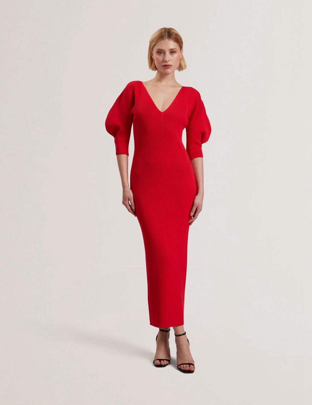 Ted Baker PRICILA - Shaped Sleeve Knitted Bodycon Midi-jurk Dames Rood | Belgium  308916-IGY