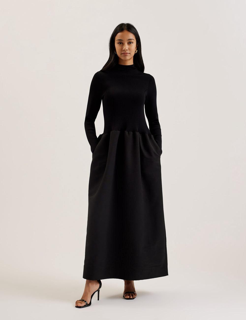 Ted Baker PYLIA - Structured With Knitted Bodice Maxi Jurk Dames Zwart | Belgium  906532-SMK