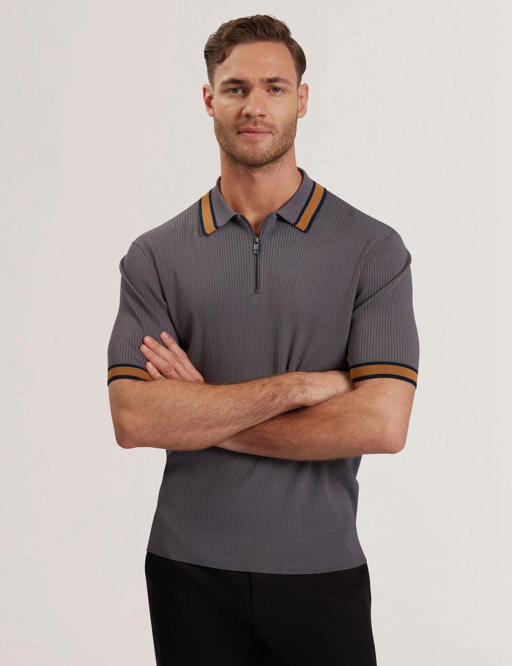 Ted Baker RAFAELO - Striped Trim Zip Neck Ribbed Poloshirt Heren Grijs | Belgium  506713-DCM