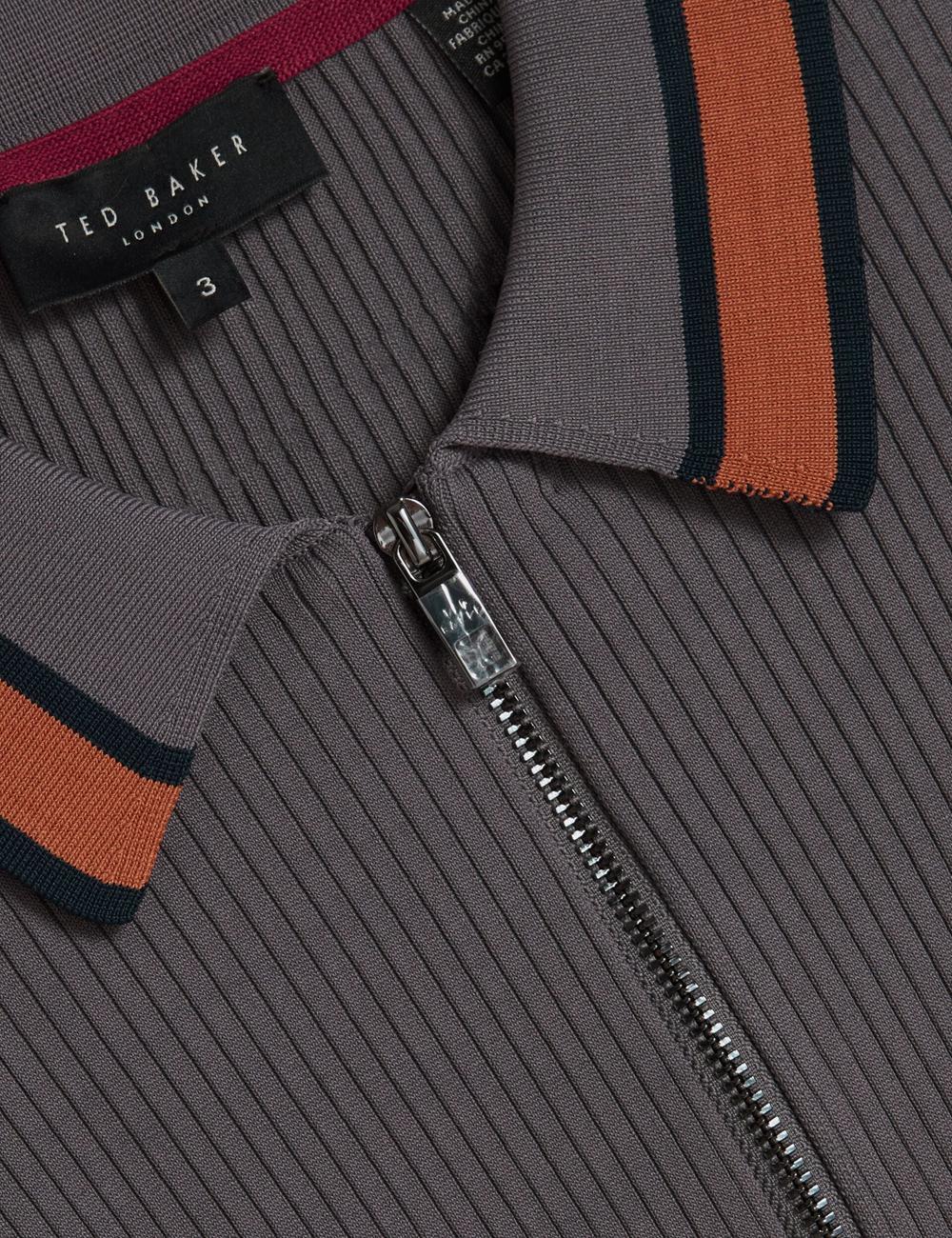 Ted Baker RAFAELO - Striped Trim Zip Neck Ribbed Poloshirt Heren Grijs | Belgium  506713-DCM
