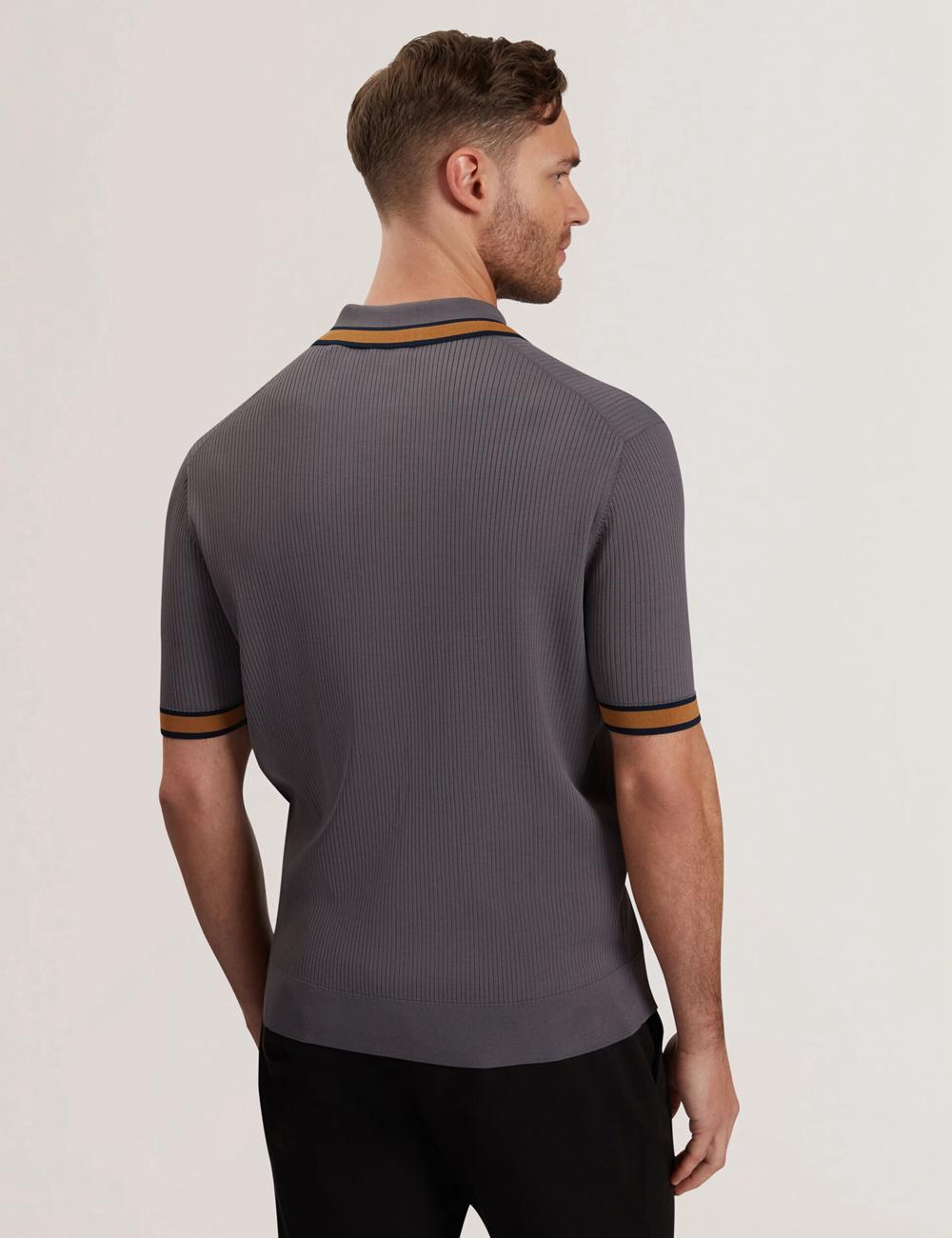 Ted Baker RAFAELO - Striped Trim Zip Neck Ribbed Poloshirt Heren Grijs | Belgium  506713-DCM