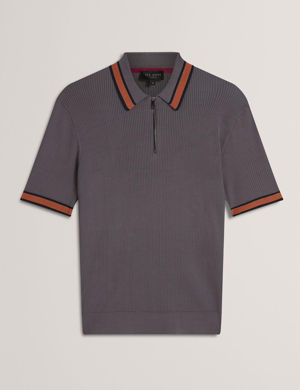 Ted Baker RAFAELO - Striped Trim Zip Neck Ribbed Poloshirt Heren Grijs | Belgium  506713-DCM