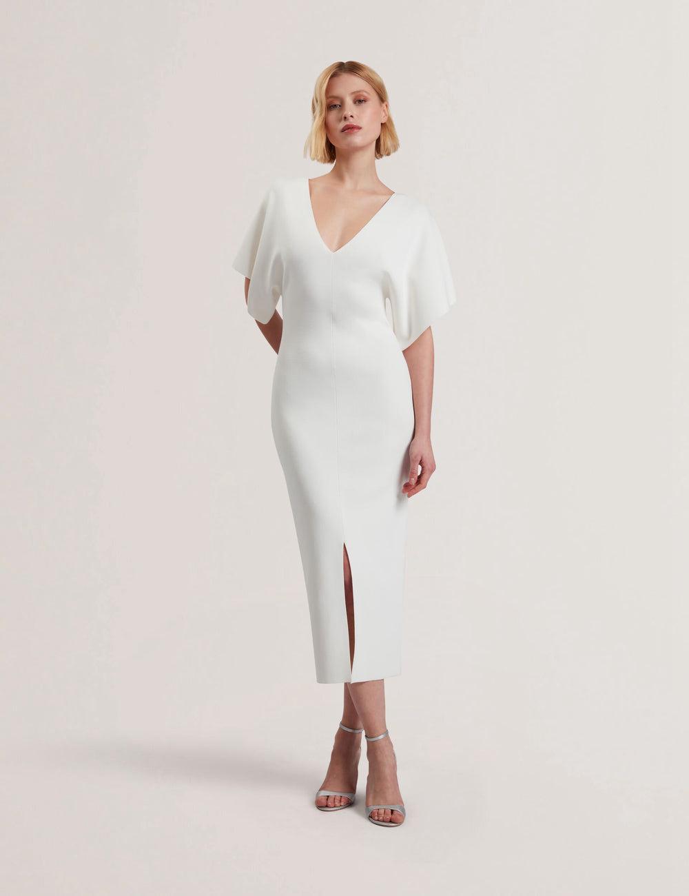 Ted Baker REBEXXA - Wide Sleeve Knitted Bodycon Midi-jurk Dames Ivory | Belgium  972138-QPY