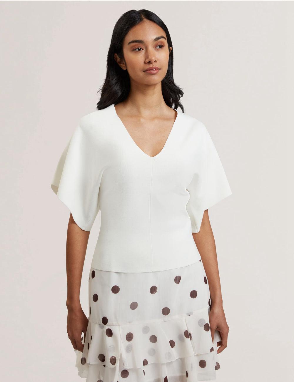 Ted Baker REGINAH - Wide Short Sleeve V-Neck Knitted Topjes Dames Ivory | Belgium  310697-SHZ
