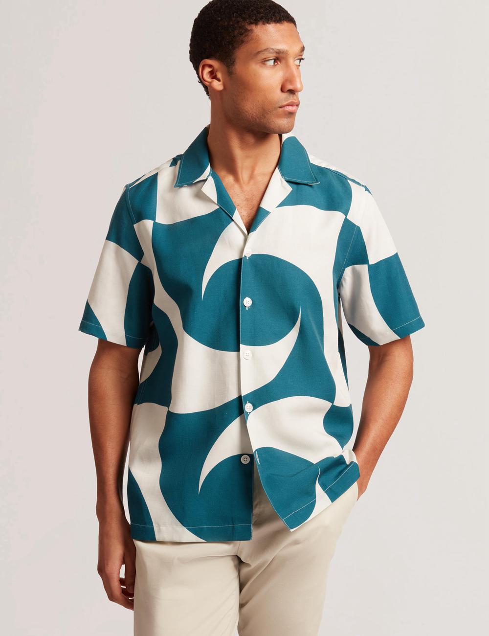Ted Baker ROLDAN - Short Sleeve Oversized Swirl Print Overhemd Heren Turquoise | Belgium  103567-ZNJ