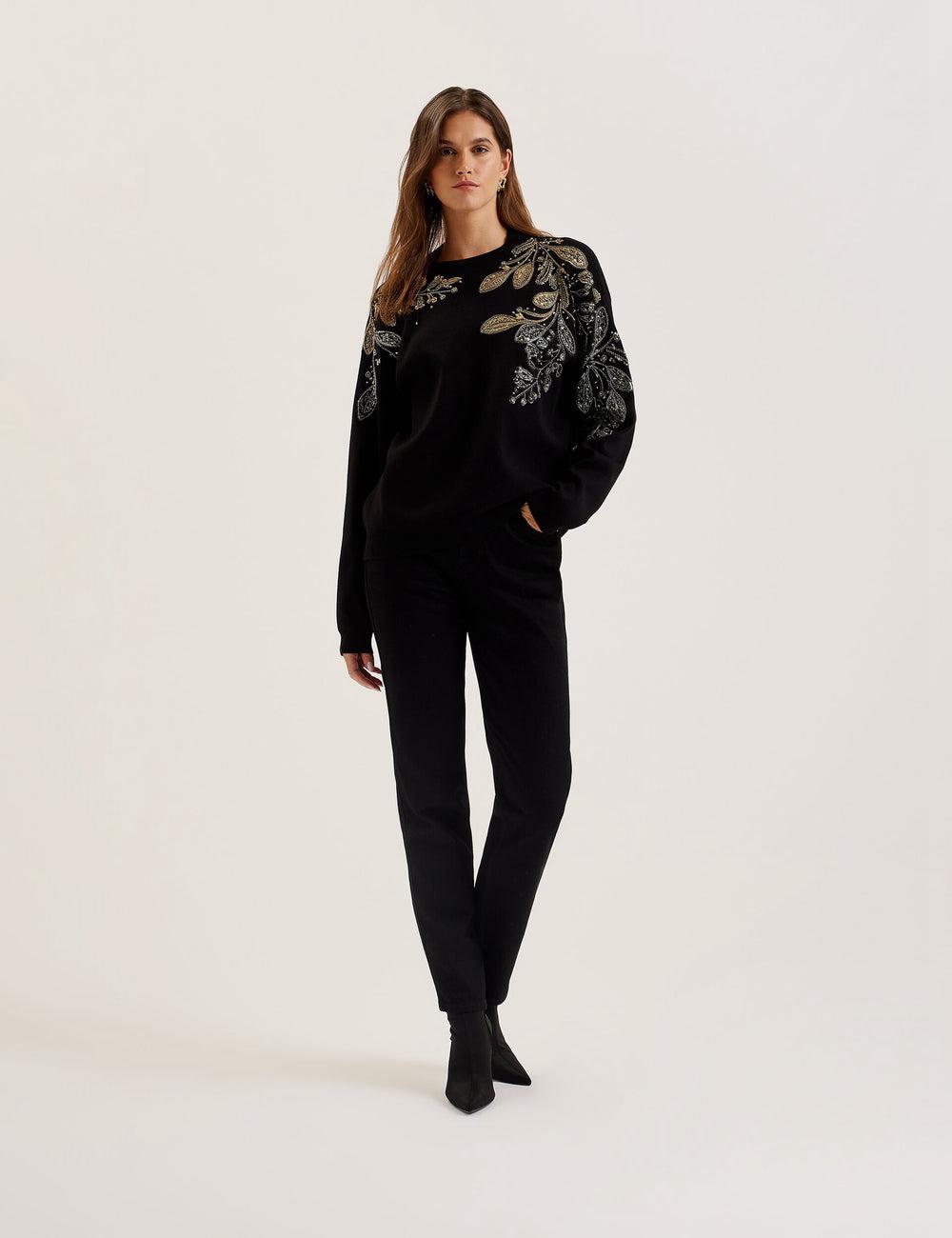 Ted Baker ROSMRRY - Embellished Floral Detail Knitted Jumpers Dames Zwart | Belgium  752936-AXQ