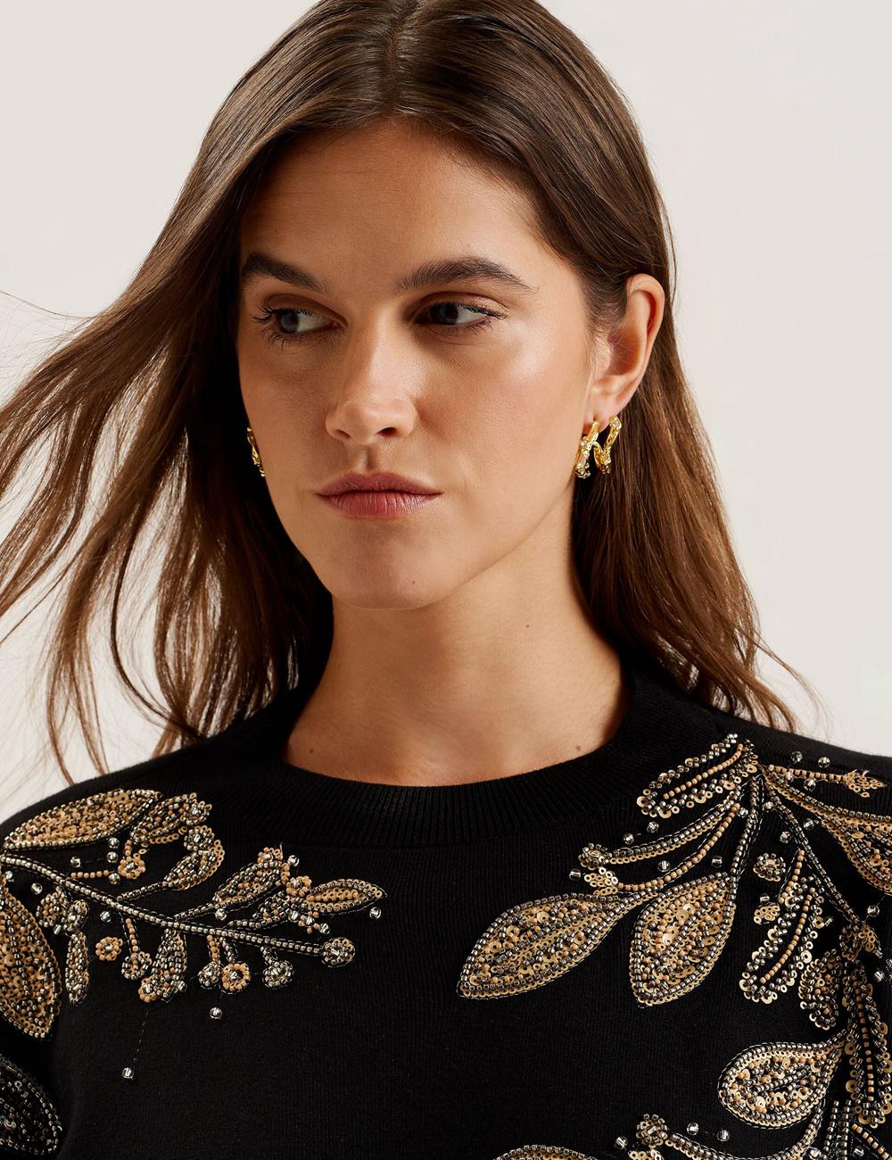 Ted Baker ROSMRRY - Embellished Floral Detail Knitted Jumpers Dames Zwart | Belgium  752936-AXQ