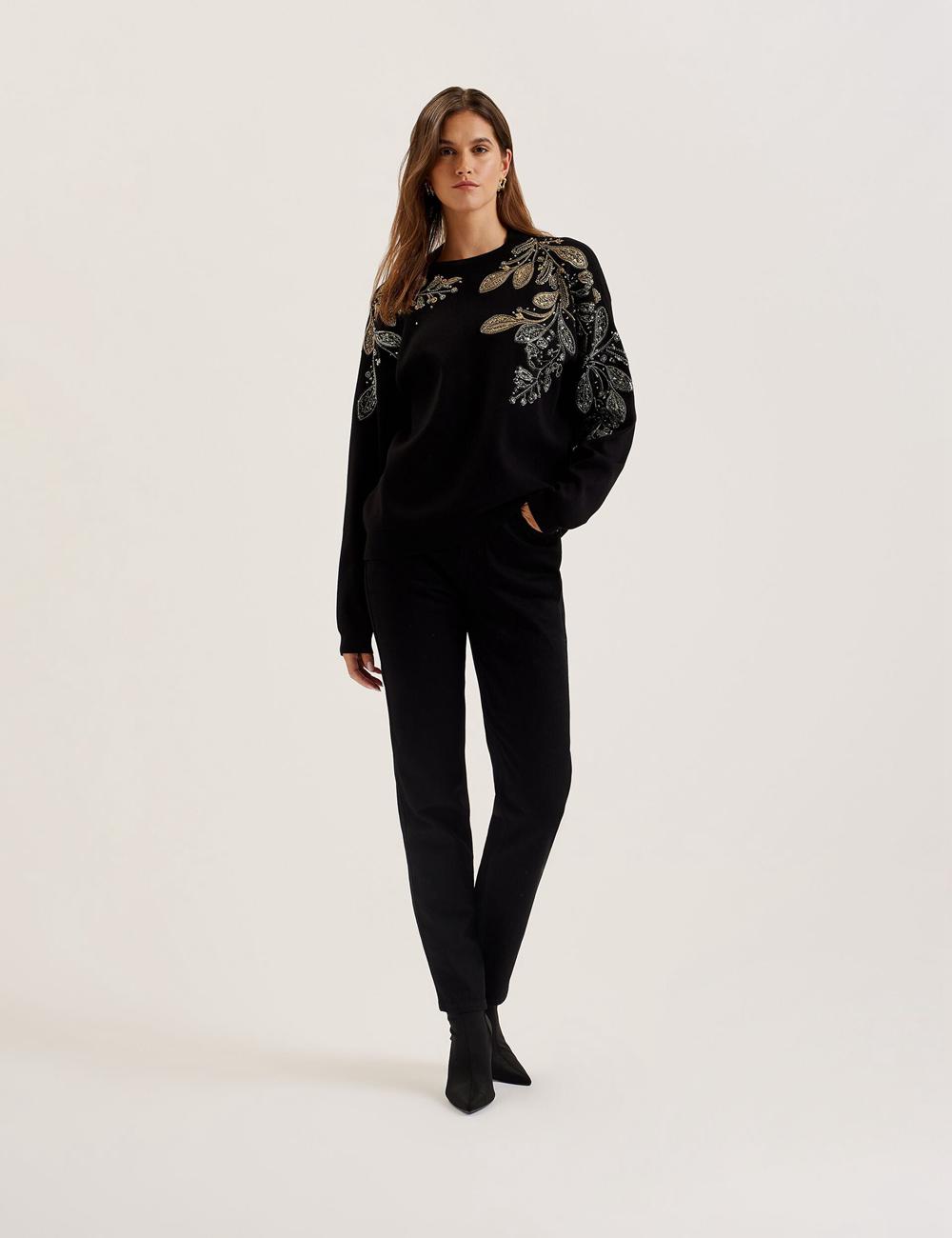Ted Baker ROSMRRY - Embellished Floral Detail Knitted Jumpers Dames Zwart | Belgium  752936-AXQ