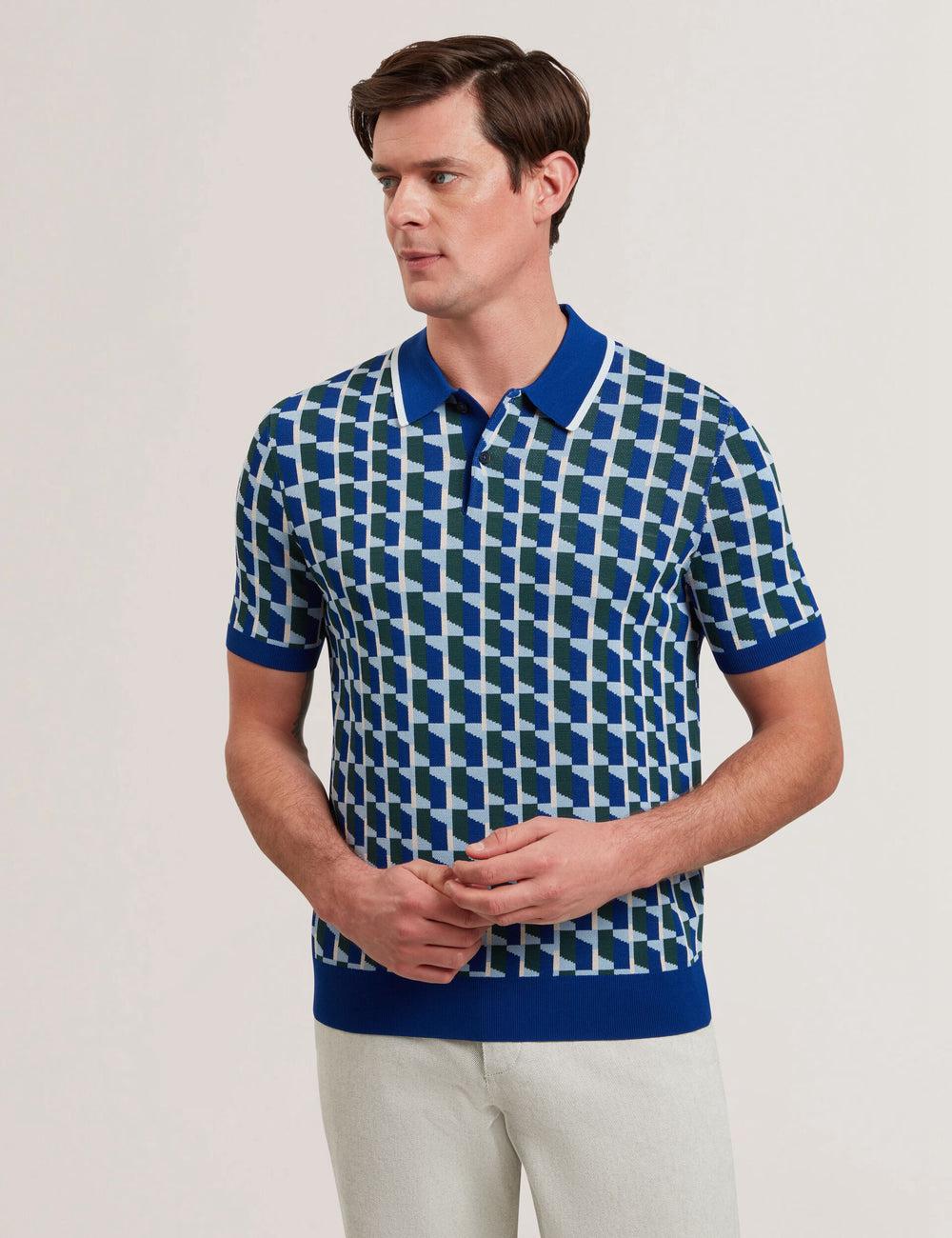 Ted Baker ROSSIO - Geometric Knitted Short Sleeve Poloshirt Heren Donkerblauw | Belgium  680132-FTD