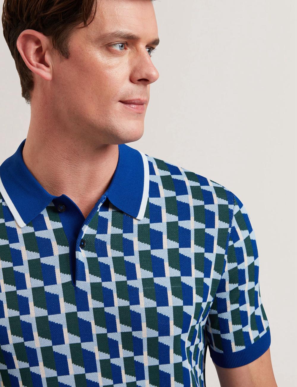 Ted Baker ROSSIO - Geometric Knitted Short Sleeve Poloshirt Heren Donkerblauw | Belgium  680132-FTD