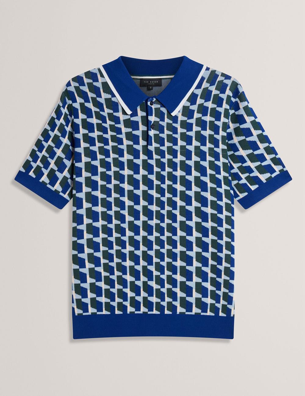 Ted Baker ROSSIO - Geometric Knitted Short Sleeve Poloshirt Heren Donkerblauw | Belgium  680132-FTD