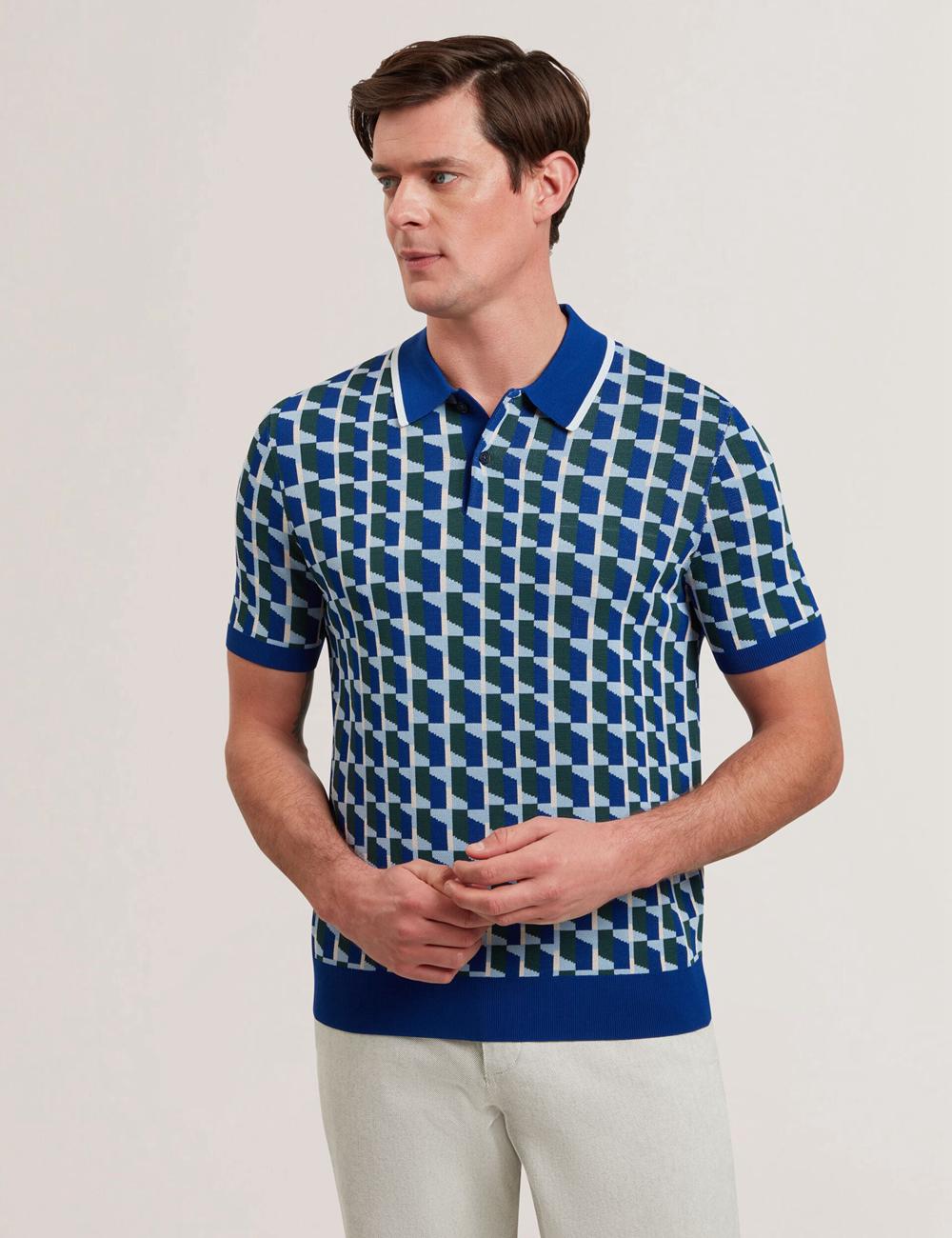 Ted Baker ROSSIO - Geometric Knitted Short Sleeve Poloshirt Heren Donkerblauw | Belgium  680132-FTD