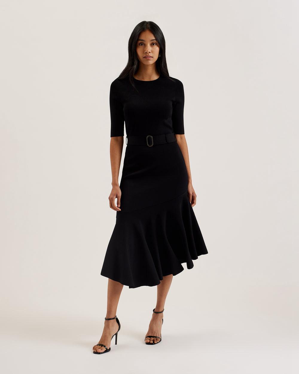 Ted Baker SAMALEE - Flippy Hem Knitted Midi-jurk Dames Zwart | Belgium  639874-LSG