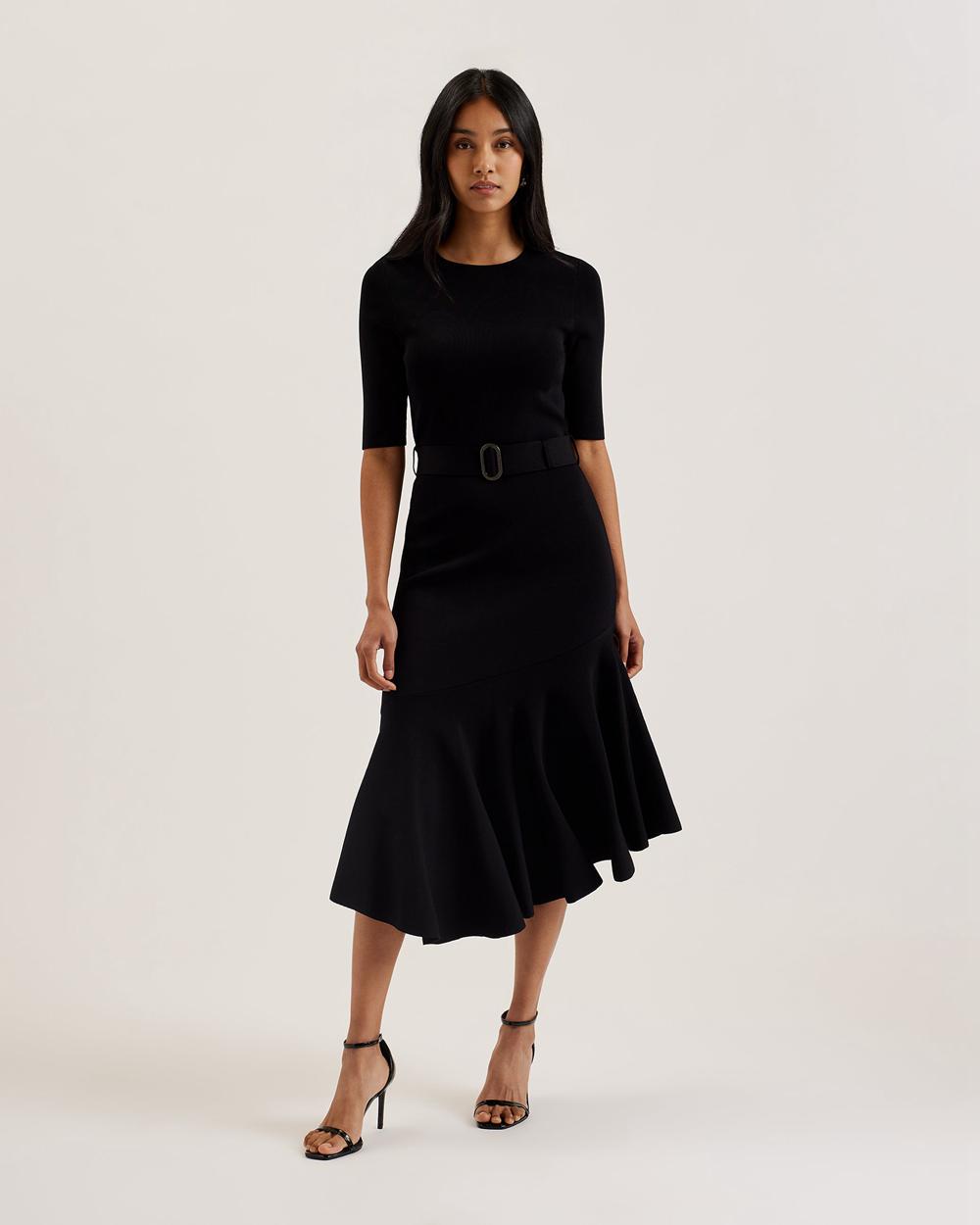 Ted Baker SAMALEE - Flippy Hem Knitted Midi-jurk Dames Zwart | Belgium  639874-LSG