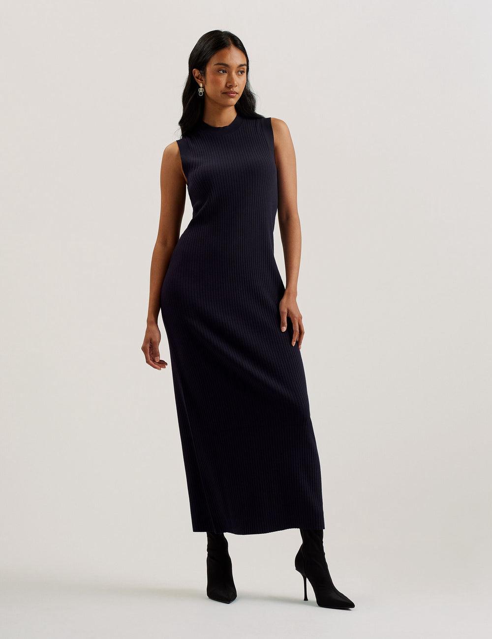 Ted Baker SANDIII - Sleeveless Ribbed Knit Column Maxi Jurk Dames Donkerblauw | Belgium  651738-IKS