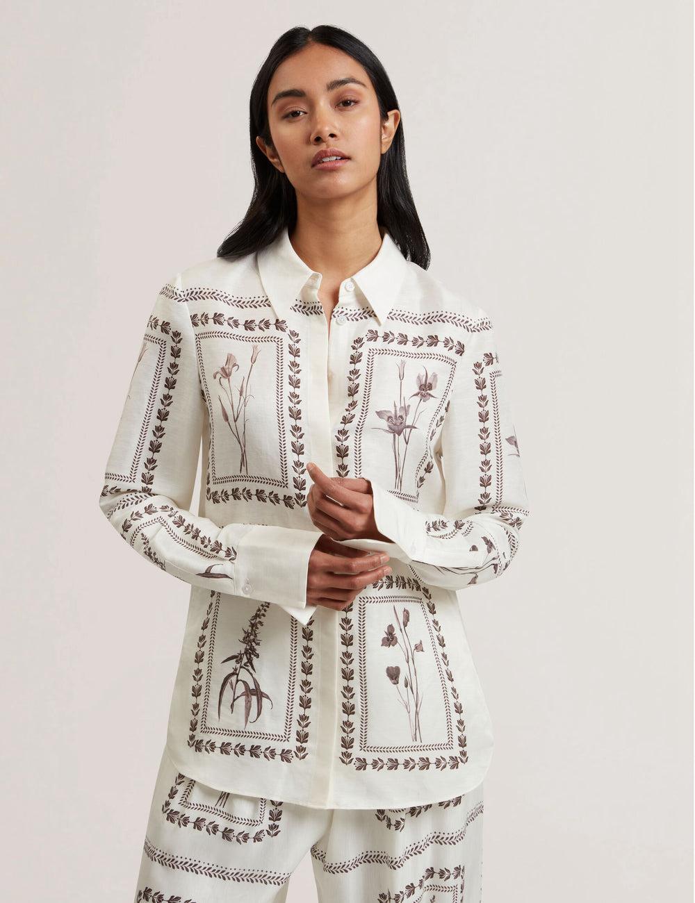 Ted Baker SIMCOA - Panel Print Silk Linen Longline Overhemd Dames Ivory | Belgium  325608-FWZ