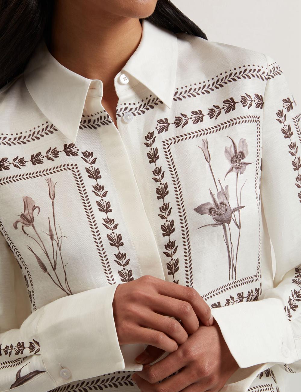 Ted Baker SIMCOA - Panel Print Silk Linen Longline Overhemd Dames Ivory | Belgium  325608-FWZ