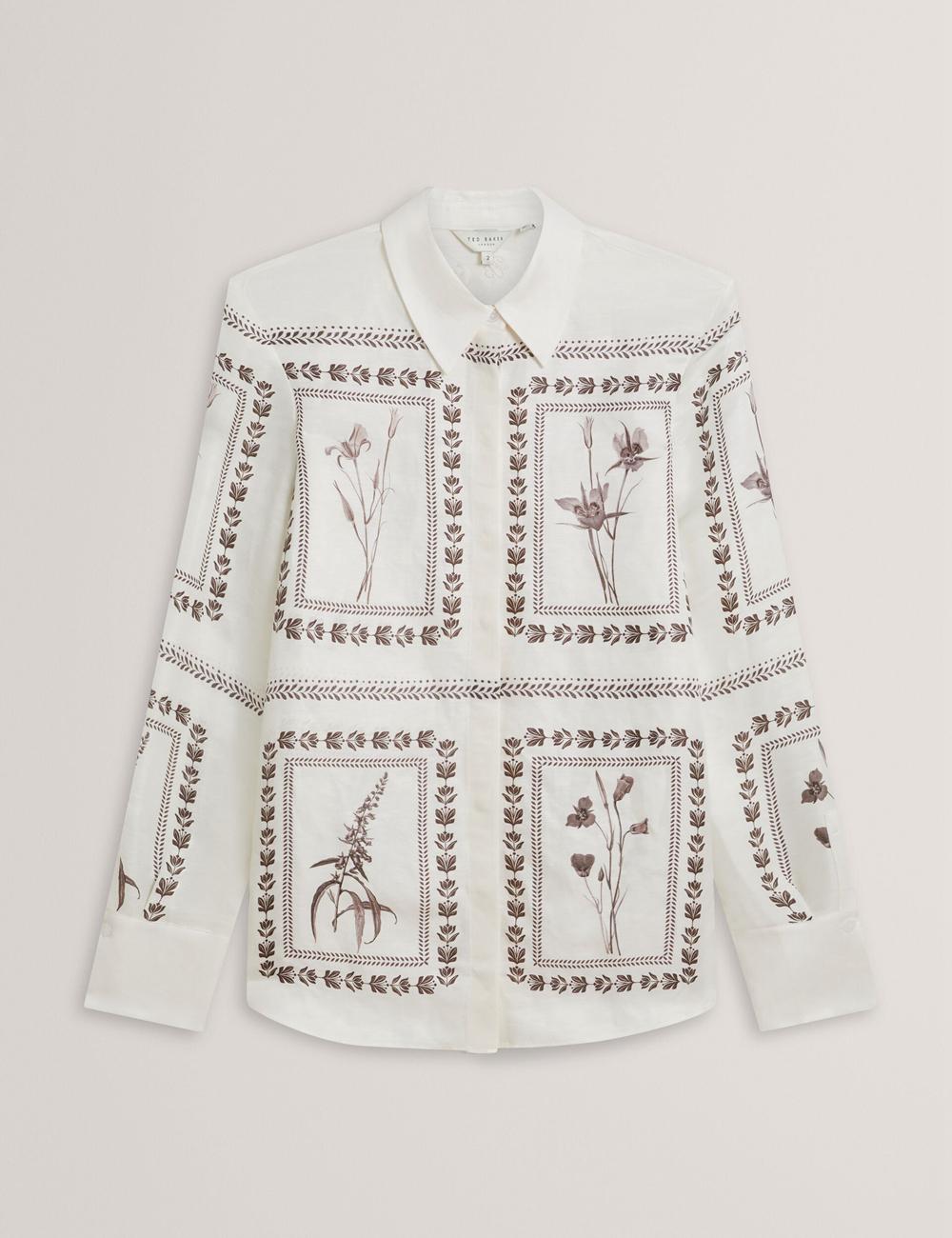 Ted Baker SIMCOA - Panel Print Silk Linen Longline Overhemd Dames Ivory | Belgium  325608-FWZ
