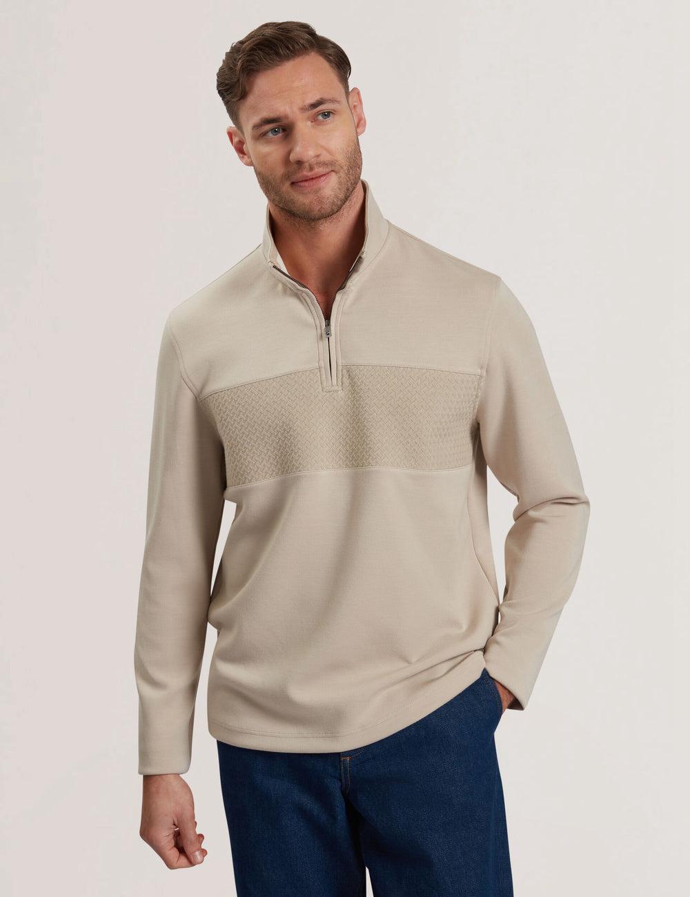 Ted Baker SIMONEA - Textured Panel Half-Zip Modal Sweatshirts Heren Taupe | Belgium  596081-XRD