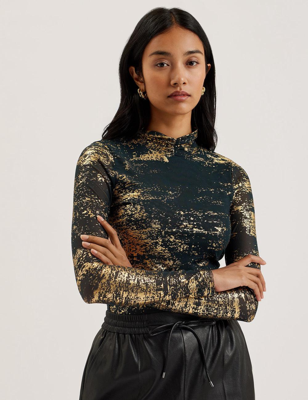 Ted Baker SOFIY - Foil Print High Neck Mesh Top Jumpers Dames Groen | Belgium  972635-MSL