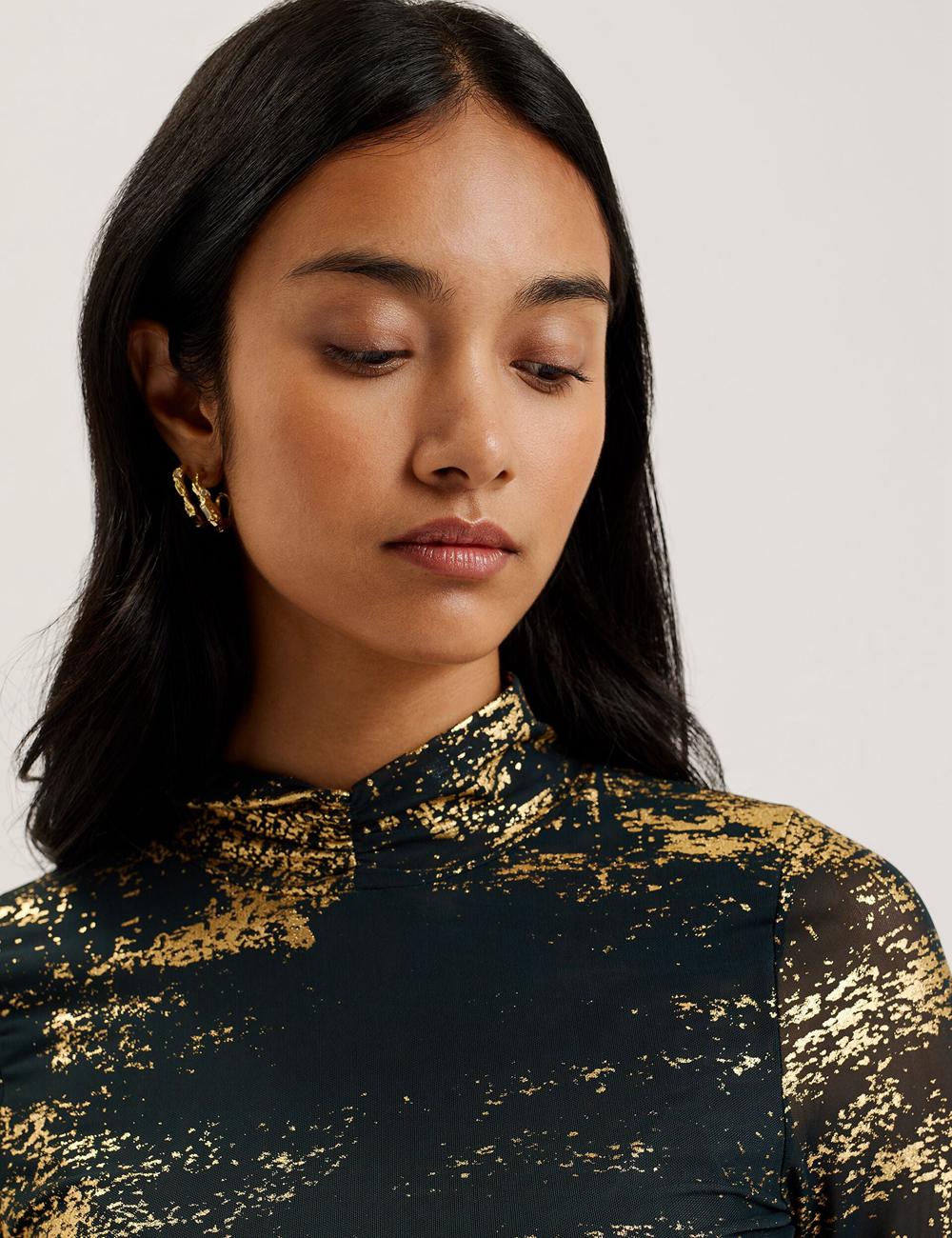 Ted Baker SOFIY - Foil Print High Neck Mesh Top Jumpers Dames Groen | Belgium  972635-MSL