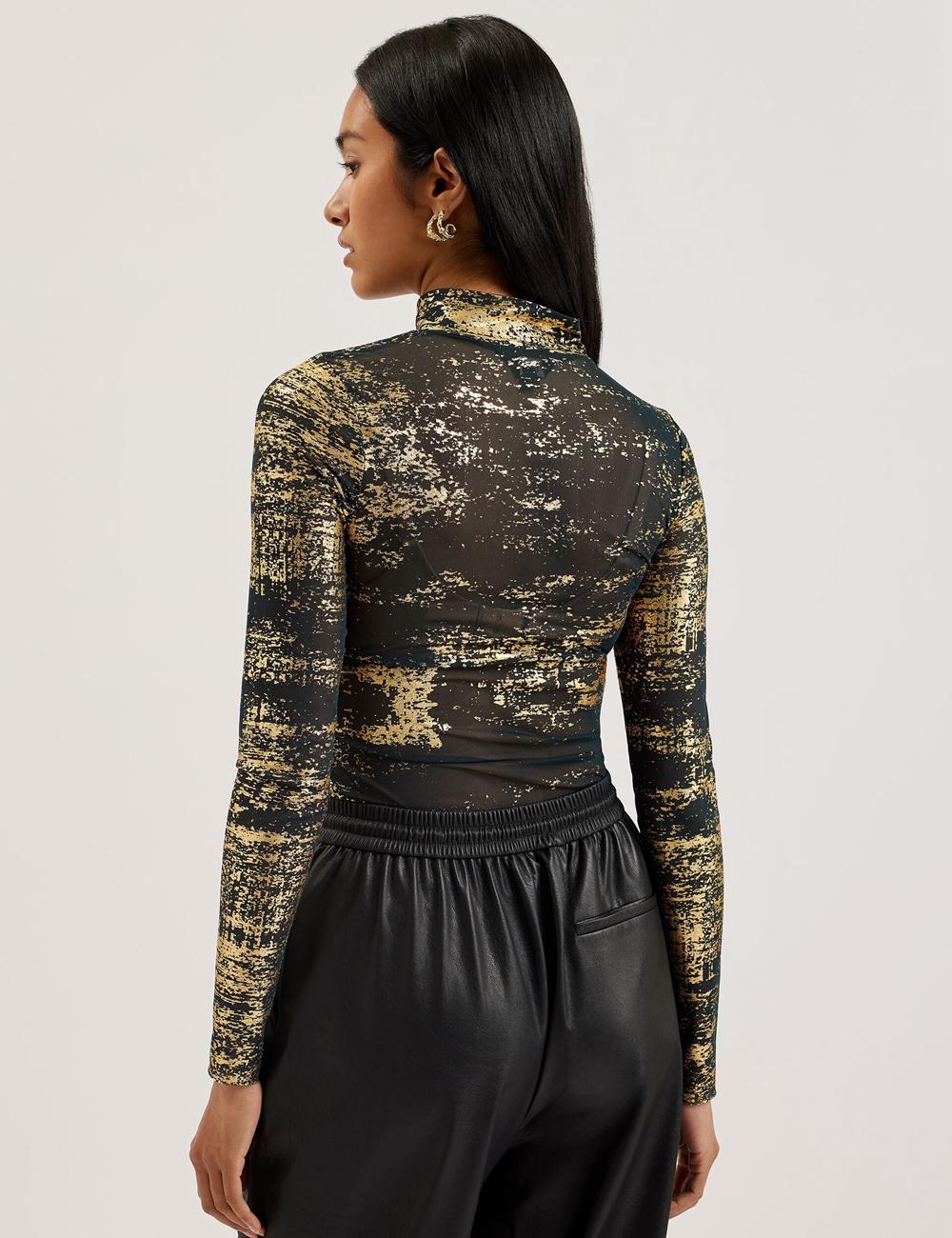 Ted Baker SOFIY - Foil Print High Neck Mesh Top Jumpers Dames Groen | Belgium  972635-MSL