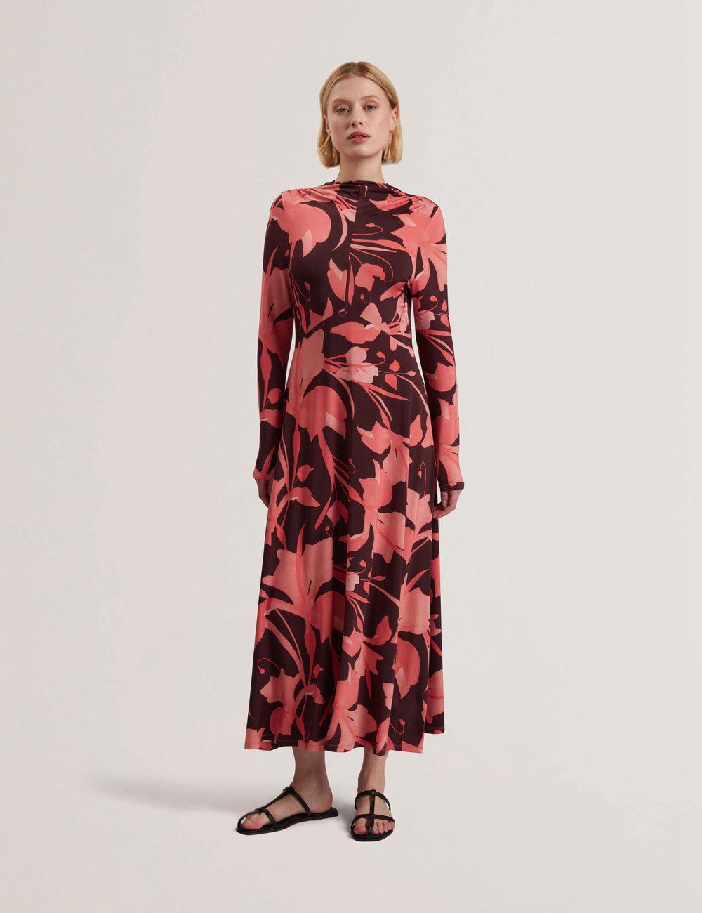 Ted Baker STARLAH - Slinky Printed Jersey Long Sleeve Midi-jurk Dames Bruin | Belgium  819042-TZG