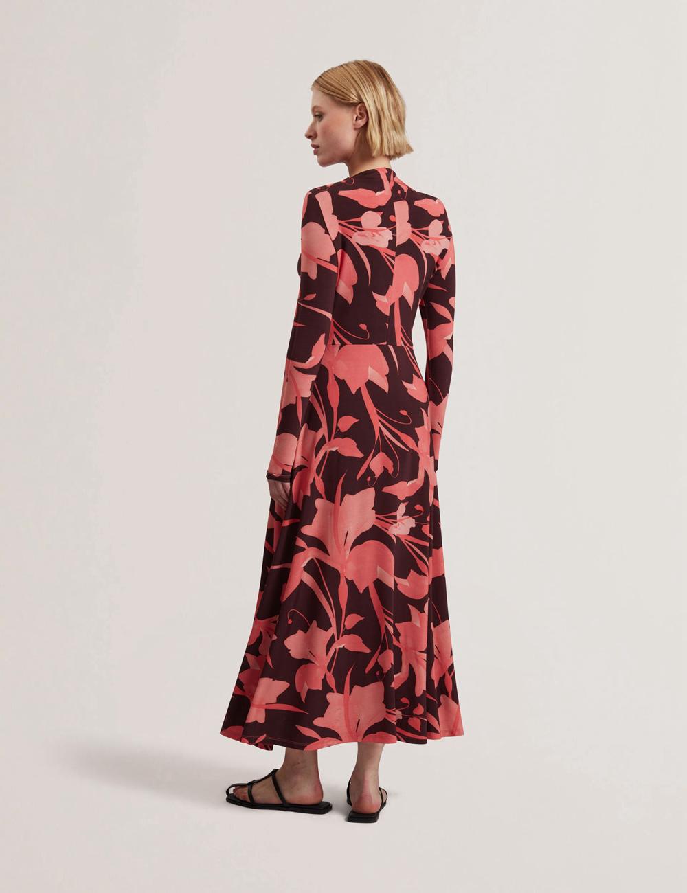 Ted Baker STARLAH - Slinky Printed Jersey Long Sleeve Midi-jurk Dames Bruin | Belgium  819042-TZG
