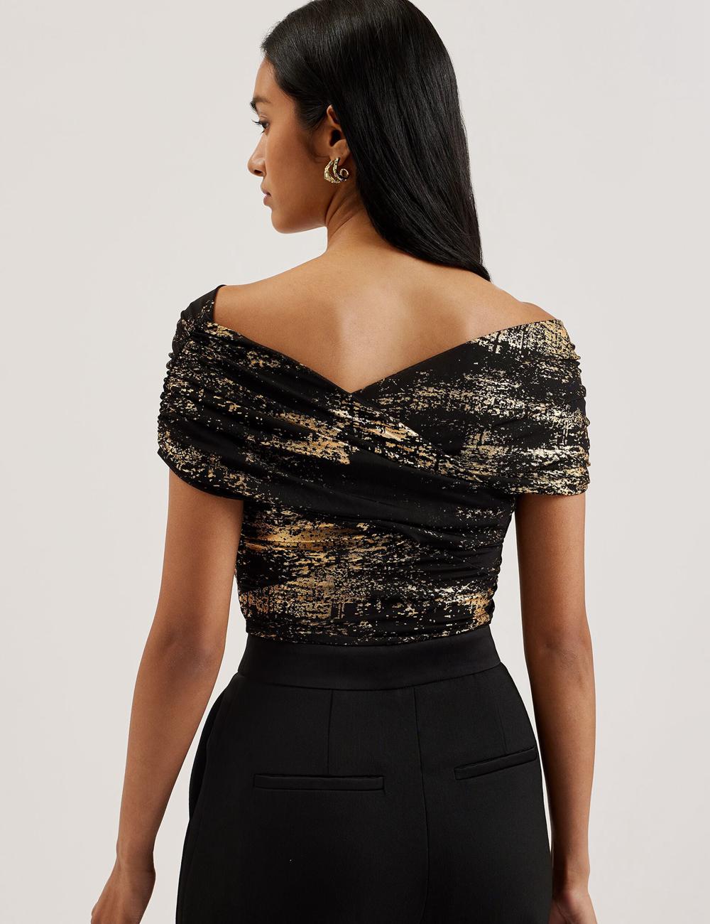 Ted Baker TALULAR - Bardot Foil Printed Mesh Topjes Dames Zwart | Belgium  704265-QDZ